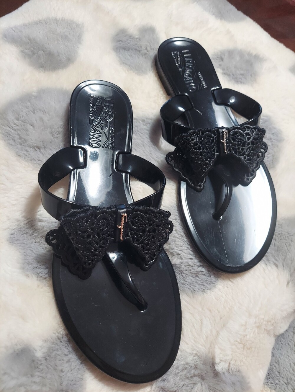 Salvatore Ferragamo Black Lace Bow Jelly Thong Sandals